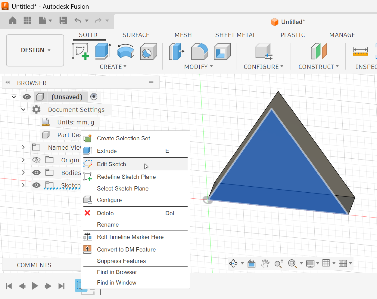 <p><strong>1.</strong> Right-click the sketch in the timeline and choose Edit Sketch. You can also double-click the sketch to open it directly.</p>