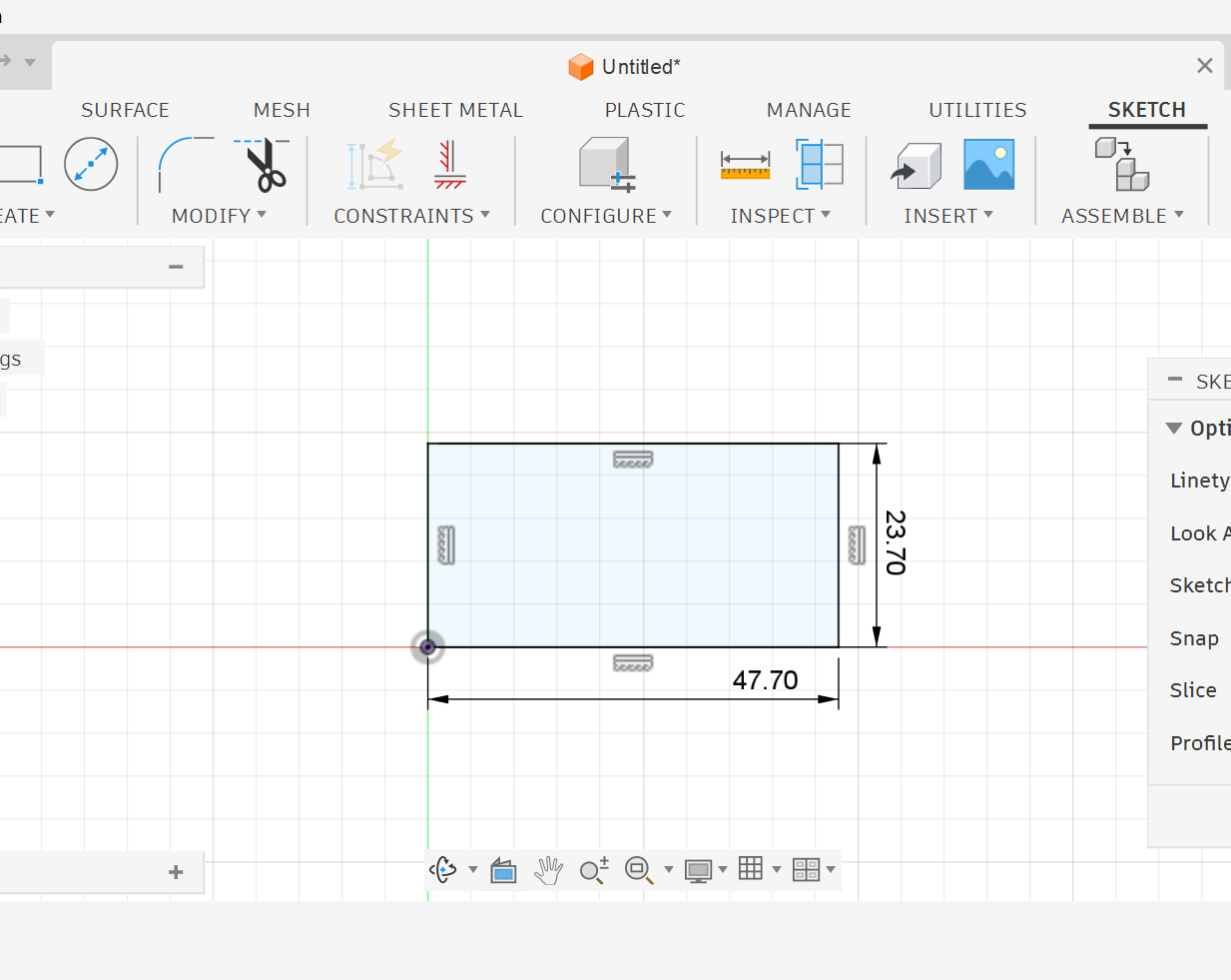 <p><strong>5.</strong> Draw a rectangle starting from the origin (<strong>47.7 mm x 23.7 mm</strong>).</p>