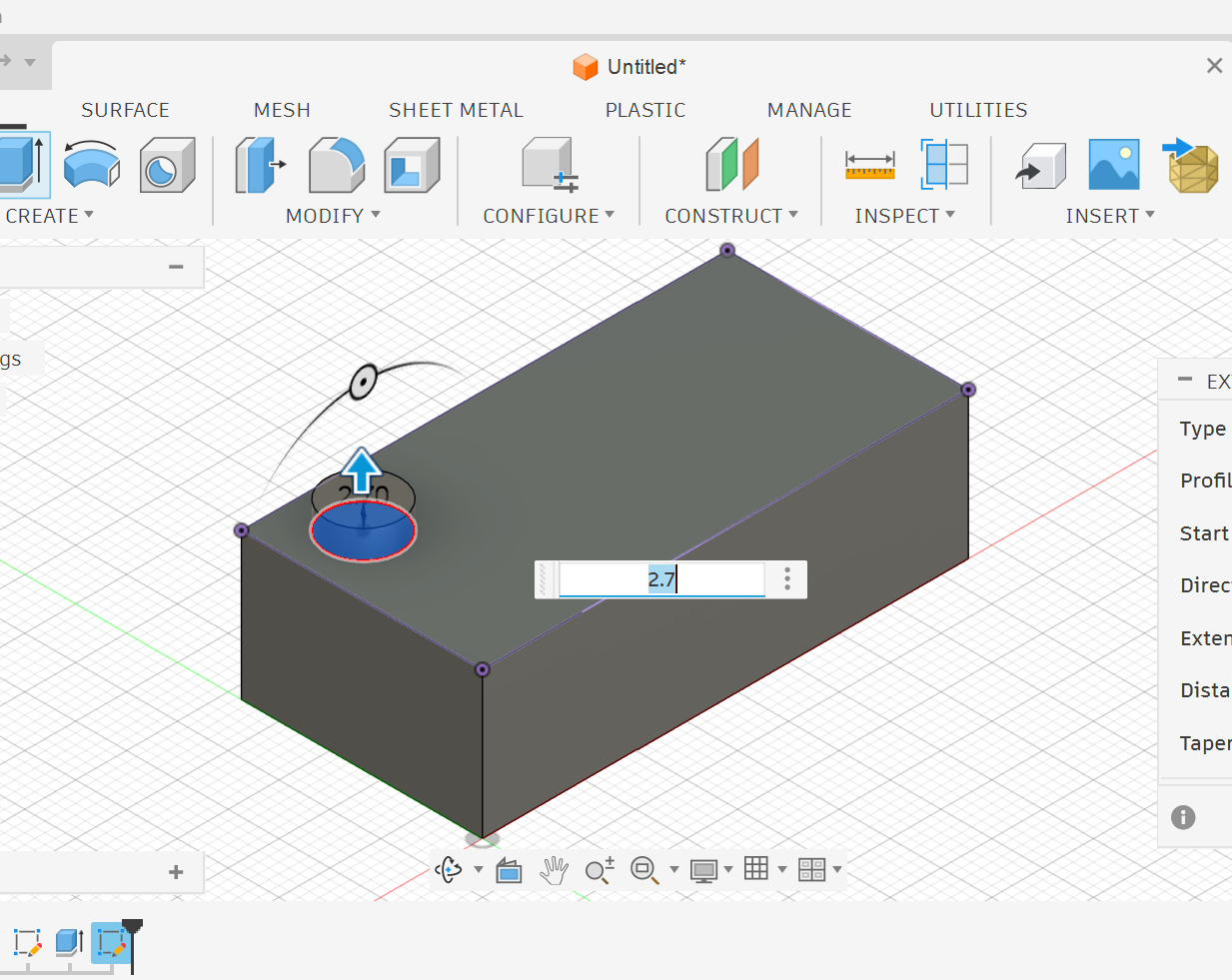 <p><strong>3.</strong> Extrude the circle upward to create the stud, then set the operation to Join.</p>