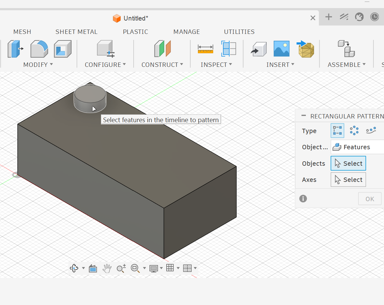 <p><strong>3.</strong> Select the extrude feature of the first stud.</p>