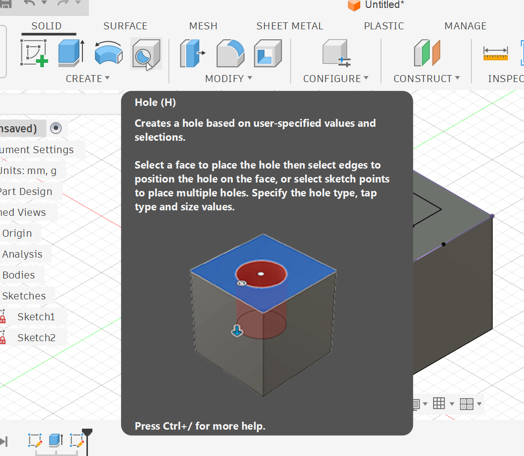 <p><strong>1. Create a Hole.</strong><br>Go to Create --> Hole.</p>