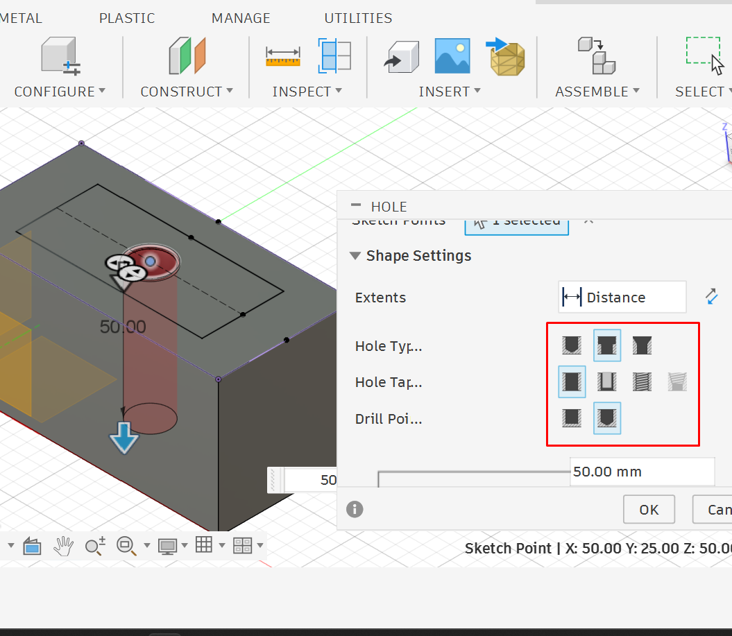 <p><strong>3. Configure the Hole Type</strong><br>Select the hole style, tap option and drill point.</p>