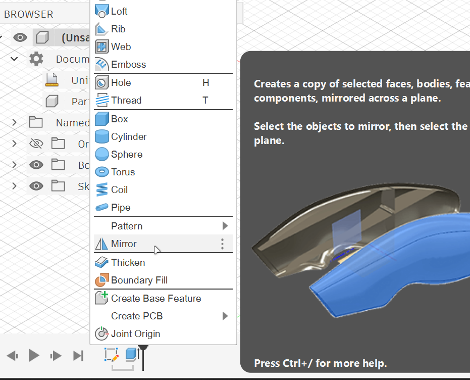 <p><strong>2. </strong>Open the Create menu and select Mirror.</p>