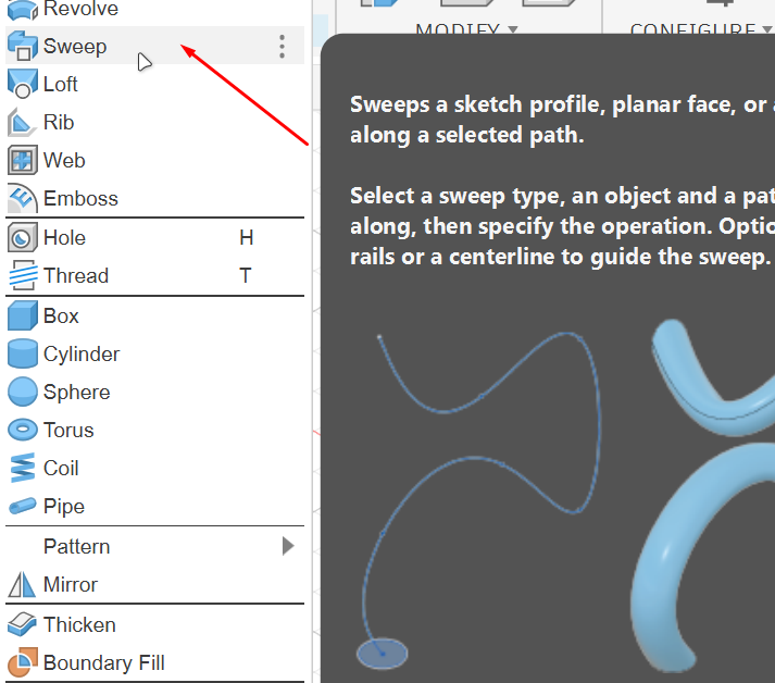 <p><strong>6.</strong> Go to Solid workspace. Open Create. Select <strong>Sweep</strong>.</p>