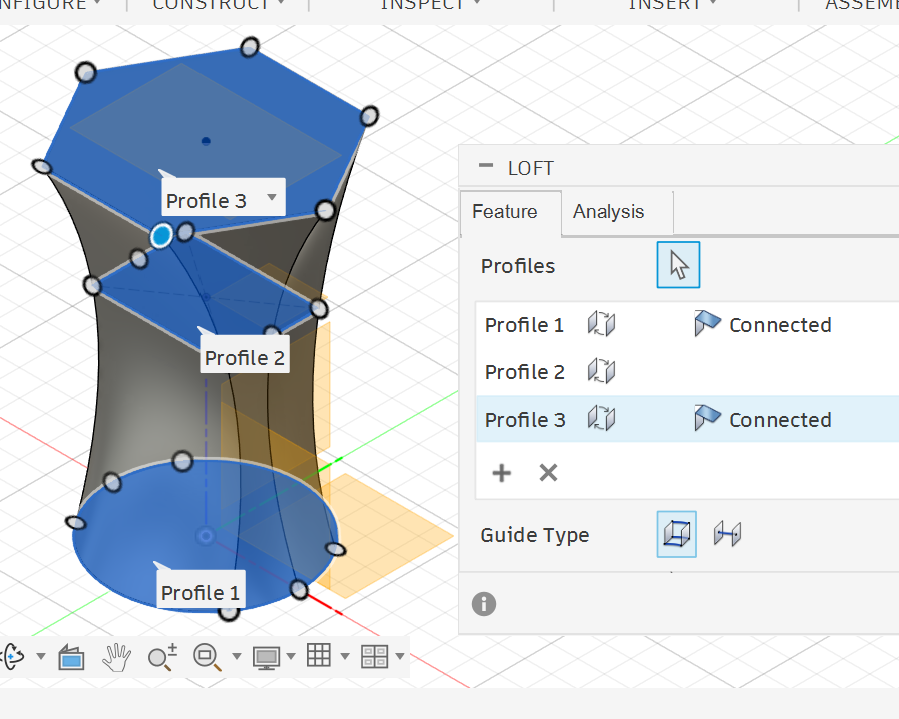 <p>Selecting multiple sketch profiles for the Loft command.</p>