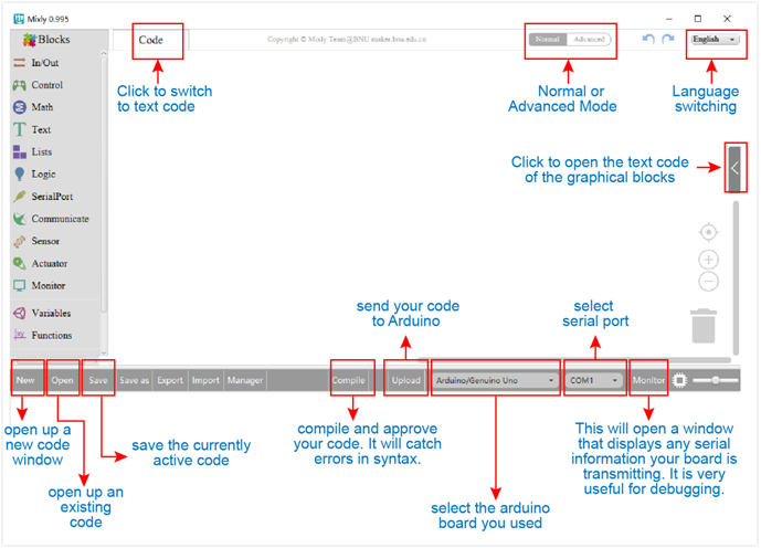 <p>Overview of the Mixly Software workspace</p>