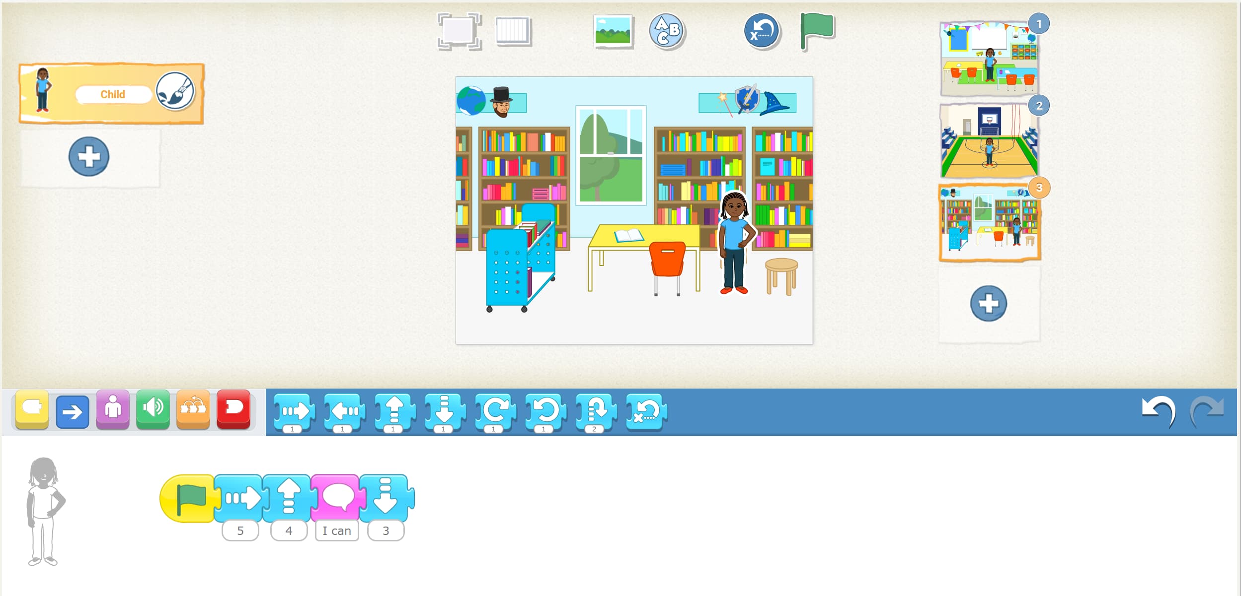 <p>In our example, the girl walks over to a stool, climbs onto it, and says “I can stand on this stool to reach the books!”</p>